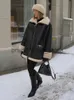 Kvinnors jackor mode höst faux päls kappa kvinnor vinter långärmade lapels pu jackor rockar 2023 lös svart varm jacka ytterkläder kläder j231219