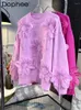 Swetery damskie koraliki branżowe kwiatowe 3D Pink Sweter 2023 Autumn and Winter Candy Kolor okrągły szyja długie rękaw
