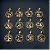 Pendant Necklaces Zodiac Sign Leo Scorpio Pendant Necklace For Women/Men 14K Yellow Gold Round 12 Constellation Necklaces Drop Deliver Dh5Wi