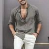 Men's Casual Shirts 2023 Summer Shirt Cotton Linen Stand Collar Long Sleeve Solid Color