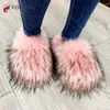 Hausschuhe Luxus Winter Frauen Fell Hausschuhe Pelzigen Waschbären Fuchs Pelz Rutschen Faux Pelz Warme Plüsch Fuzzy Flip Flop Flauschigen Erstaunliche Schuhe Frau 231219