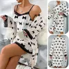 Women's Sleepwear Ladies Suspenders Trousers Suit Fashion Imitation Silk Bowknot Print Home Clothes Sweatshirt For Women Night Wears 2