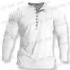 Mäns T-shirts Ny solid färg Henley Men's Cotton T-shirts överdimensionerade långärmad toppknapp ner Autumn Home Clothing Solid Color Shirtsees T231219