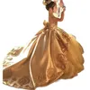 Outfits Family Matching Outfits High Quality First Communion Dresses Kids Evening Ball Gown Gold Applique Bow Girls Pageant Satin Tulle Fl