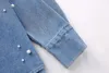Damenblusen 2023 Blaue Jeanshemden für Frauen Kunstperlen Langes Hemd Frau Kragen Knopfleiste und Ärmel