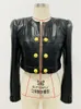 2 피스 드레스 고품질 EST 패션 디자이너 재킷 여자 인조 가죽 패치 워크 사자 버튼 트리머 231218