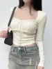 Kvinnors T-skjortor Kvinnor Y2K LACE Trim Crop Tops Square Neck Long Sleeve Top Tie-up Slim Fit T-shirt Corset Fairy Aesthetic Clothes