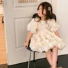 Mädchen Kleider Sommer Mädchen Prinzessin 3D Blume Puffärmel Kleid Kinder Beige Schleife Kleider Säuglingskleinkind Geburtstagsfeier Babykleidung 1-10 Jahre
