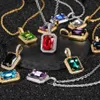 Colorful Square Gemstone Pendants Bling Full Cubic Zirconia Choker Chain Necklaces for Women Hip Hop Jewelry2184