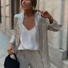 Pantalones de dos piezas para mujer Abrigo con lentejuelas Pantalón Conjunto de mujer 2 piezas Y2K Chaqueta de manga larga Pantalón de pierna ancha Traje femenino 2023 Otoño Street Chic