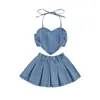 Clothing Sets Kids Toddler Baby Girl Outfit Backless Heart Camisole Tops With Pleated Jean Mini Skirt Y2k Set 2Pcs Summer Clothes