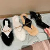 Women's Summer/color Matching/rabbit Hair/fashion Party Round Head Metal Decorative Cat Heel Clip Toe Outdoor Slippers 231219