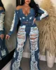 Jeans da donna a vita alta con tasca design strappato in denim da donna scava fuori pantaloni alla moda sexy a figura intera