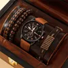 Relógios de pulso homens relógio de luxo pulseira conjunto moda negócios marrom couro quartzo relógios de pulso para presente relogio masculino 231219