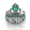 Eterno Claddagh Conjuntos de Anel de Luxo 10KT Ouro Branco Cheio 1CT Coração Verde Safira Anel de Noivado de Casamento para Mulheres Presente Siz239j