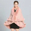 Szaliki 2022 Podwójna warstwowa ręczna rzeka Faux Rex Fur Cape Long Knit Poncho Płaszcz Płaszcz Paszmina Cloak Women Winter247k