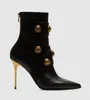 Luxury Winter Bal Alma Roni Ankle Boots Metal Stiletto Heels Black Leather Pointed Toe Gold Buttons Booties Lady Dress Elegant Walking EU35-43