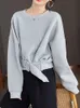 Kvinnor Hoodies Sweatshirts Stylish Grey Autumn Winter Women Plain Long Sleeve Belt Midje Loose Casual Oversize Pullovers Korean Short Jumper 231218