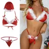 Sexig uppsättning sexig Santa underkläder Lady Christmas Red Velvet Fluffy Bikini Set Bh G-String Thong Hat 3st Bandage Exotic Set With Feather 231218