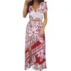 Partykleider HYCOOL-Polynesian Tribal Red Flower Prints Maxikleid für Frauen V-Ausschnitt Kurzarm Elegant Ankunft 2023