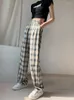 Damenhosen Vintage Plaid Breites Bein Frauen Frühling Sommer Koreanische Mode Hohe Taille Gerade Hose Weibliche beiläufige lose Streetwear