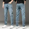 Grande tamanho de moda designer jeans, 2024 ajuste alto fino perna reta elástico outono e inverno grosso cinza masculino