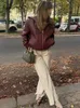 Skóra damska sztuczna jesień czerwona czerwona płaszcz z powłokiem w stylu Lapel luźne lapy długie rękawy Zipeer Kurtki Zima moda Kobieta ciepłe streetwear 231219