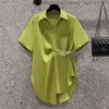 Women's Blouses Asymmetric Chain Chic Street Button Up Shirt Summer Fashion Green Commute Short Sleeve Loose Tunic Top Blouse Blusas