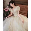 Party Dresses Champagne Evening Dress Princess Puff Sleeve Sweetheart Collar Lylusion Slim broderad promklänning A-Line Long Bridesmaid