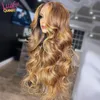 Synthetische Perücken, Honigblond, gewellt, 13 x 4, HD-Spitze-Frontal-Perücke, vorgezupft, Highlight-Farbe, 13 x 6, transparentes vorderes Echthaar für Frauen, 231219