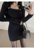 Casual Dresses Autumn Square Collar Long Sleeve Knit Mini Dress Women High Strecth Sheath Bodycon Thin Soft Sweater Base Above Knee