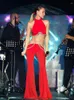 Pantalon de deux pièces pour femmes Sexy Luxe Brillant Diamant Chaîne Bandage Deux Pièces Ensemble Femmes Rouge Dos Nu Crop Top Flare Costumes Soirée Discothèque