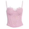 Kvinnors tankar Suninheart Lace Summer Pink Corset Top Women Sexig BodyCon Crop med kuddar Kvinnlig blus hög kvalitet