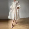 Casual Dresses Luxury Embroidery Dress For Women 2023 Fashion Lantern Sleeve V Neck Vintage Elegant Loose Pullover Dressess Y2k