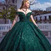 Smaragdgrünes glänzendes Sweetheart-Festzug-Quinceanera-Kleid mit Applikationen, Spitze und Perlen, schulterfrei, Prinzessin, Party, Sweet 15-Ballkleid