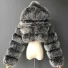 女性ファッション冬のフェイクファークロップコートふわふわジップフード付き温かい短いジャケット