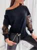 Kvinnors blusar Casual Loose Lace Patchwork White T-shirt Kvinnor Fashion Skew Collar Long Sleeve T-skjortor för 2024 Sexiga Off Shoulder Tops