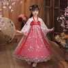 Flickans klänningar Nya Hanfu Girls Spring and Autumn Children's Costume Dress 3-12 år Girl Cherry Blossom Princess Dress Chinese Style Child Child