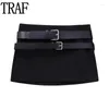 Skirts 2023 Black Short Skirt Woman Fashion Belt Low Waist Mini Women Autumn Elegant For Streetwear Y2k