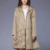 Women's Trench Coats Solid Color Khaki Raincoats Outdoor Windproof Waterproof Women Clothing Mid-Length Zipper Pockets Hoodies