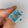 Cluster Rings HOYON S925 Silver Color Luxury Natural Sea Blue Topa Sapphire Exaggerated Ring Women's Crystal Gem Wedding Engagement Jewelry