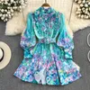 Casual Dresses 2024 Fashion Spring Runway Mini Dress Women's Stand Ruffles Lantern Sleeve Single Breasted Floral Print Holiday Short 6573