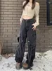 Kadınlar kot slergiri siyah y2k bol kargo pantolonları kadın Amerikan retro hip hop sokak kıyafetleri yıkanmış çok cepli düz bacak yüksek bel