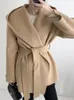 Mélanges de laine pour femmes Manteau en laine Vintage femmes automne hiver mélange veste à capuche dames mode coréenne élégant couleur unie à lacets vêtements d'extérieur 231218