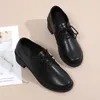 Sapatos de vestido feminino saltos de tiras moda vaca couro chunky bombas senhora escritório formal dedo do pé redondo lace-up trabalho preto