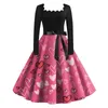 Vestidos casuales Vestido clásico retro de mujer Manga larga Día de San Valentín Impresión Cuello cuadrado Swing Hepburn Noche