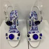 2024 women Ladies Genuine patent sandals dress shoes chuckly high heels peep-toe wedding party print buckle Strap diamond Bohemia blue-and-white porcelain siz 35-43