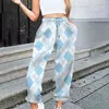 Frauen Hosen Casual Plaid Print Kordelzug Elastische Taille Verdicken Weibliche Gerade Lange Ropa Mujer