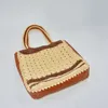 Women's large capacity handmade straw hollowed out shoulder handbag with lining, Upper mouth length 30cm, height 35cm, side seam width 7cm, cream-coloured