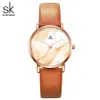 Shengke New Women Watches Creative Leaves Dial Bright Leather Strap Quartz Cloctz Fashion Casul Ladies Montre Femme220T